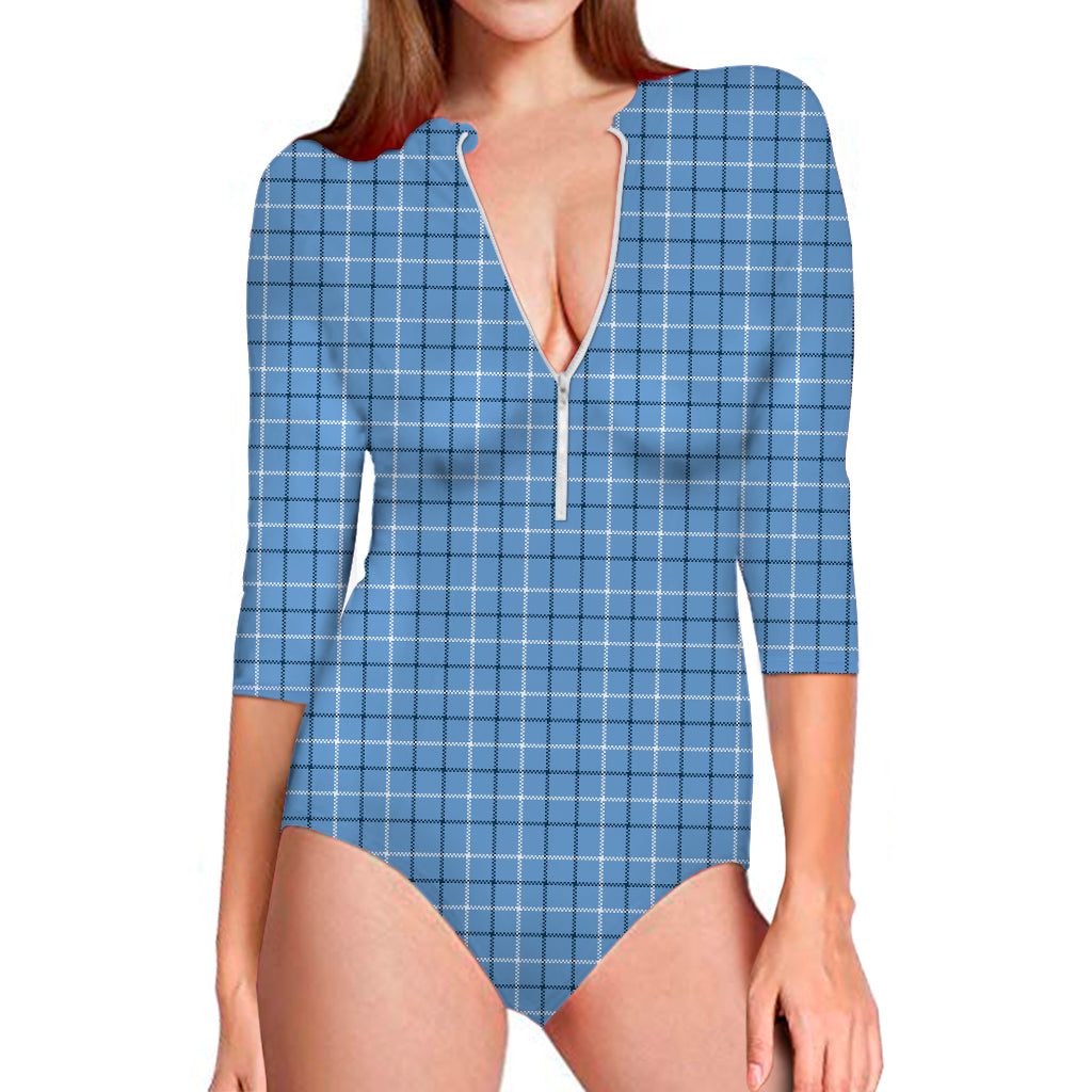 Solf Blue Tattersall Pattern Print Long Sleeve Swimsuit