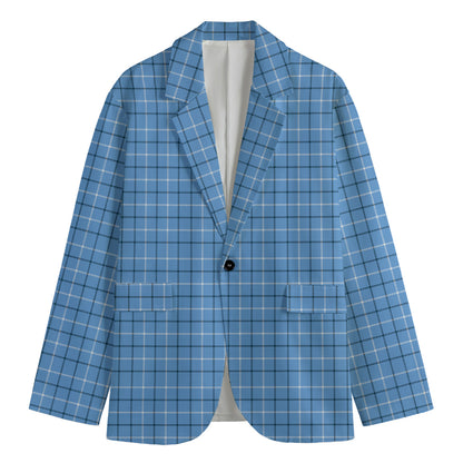 Solf Blue Tattersall Pattern Print Men's Cotton Blazer
