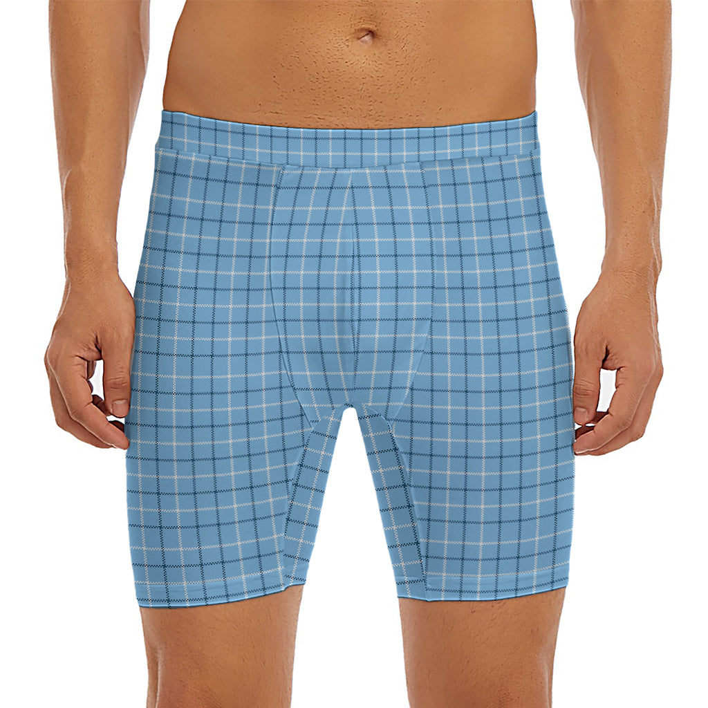Solf Blue Tattersall Pattern Print Men's Long Boxer Briefs