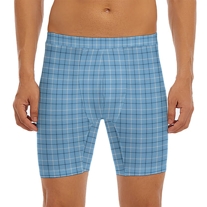 Solf Blue Tattersall Pattern Print Men's Long Boxer Briefs