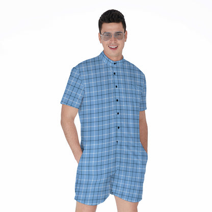 Solf Blue Tattersall Pattern Print Men's Rompers