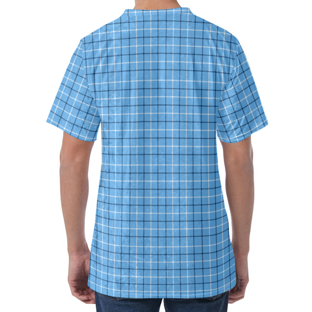 Solf Blue Tattersall Pattern Print Men's Velvet T-Shirt