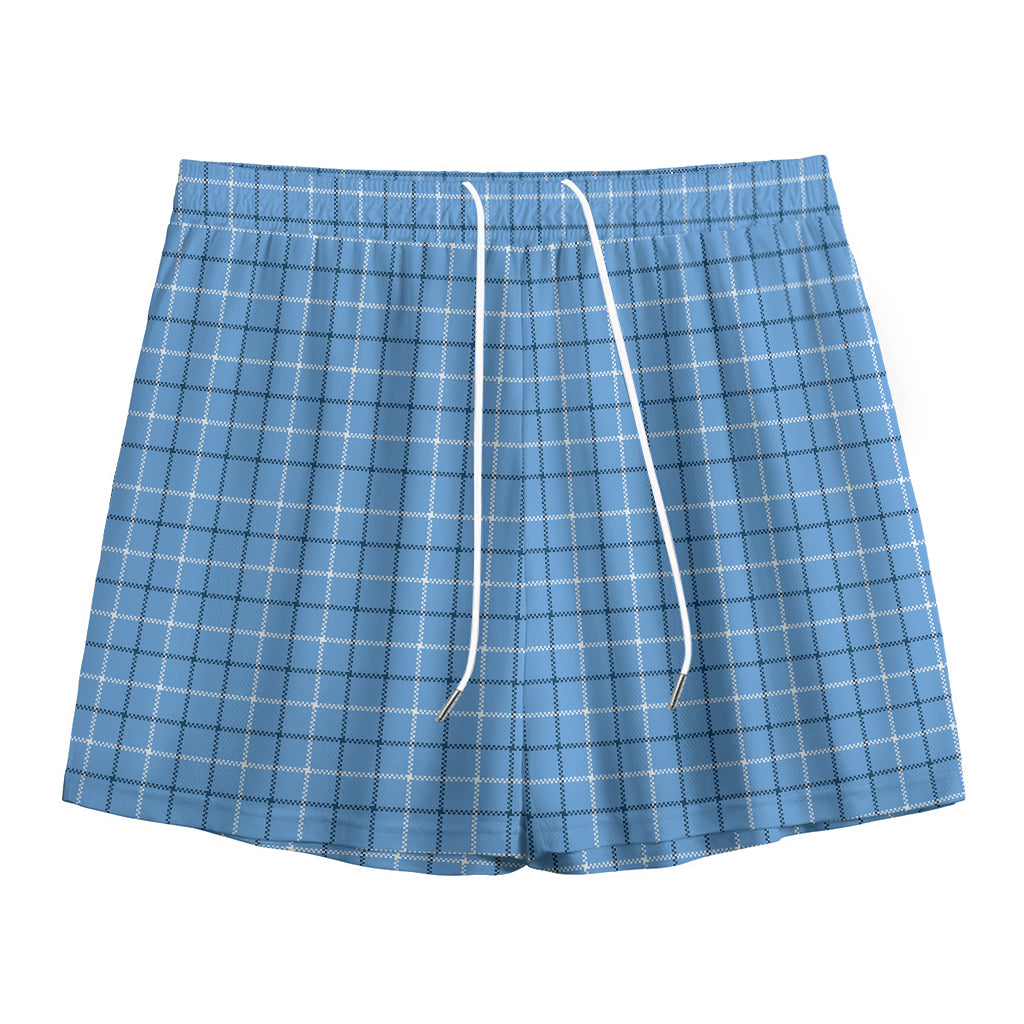 Solf Blue Tattersall Pattern Print Mesh Shorts
