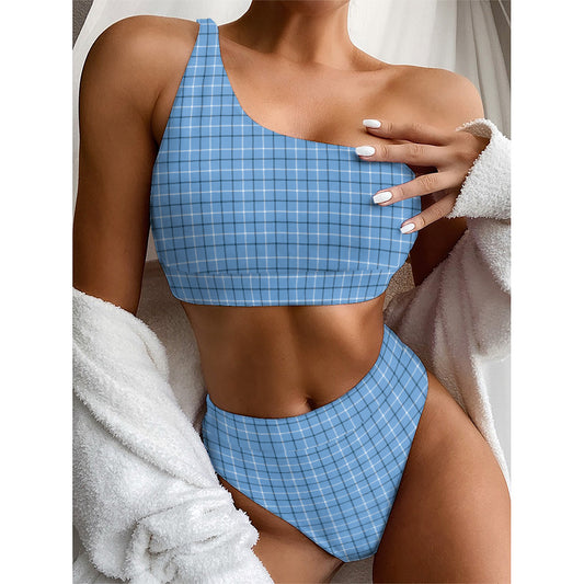 Solf Blue Tattersall Pattern Print One Shoulder Bikini Top