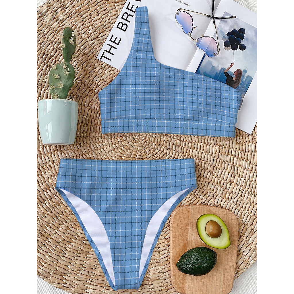 Solf Blue Tattersall Pattern Print One Shoulder Bikini Top
