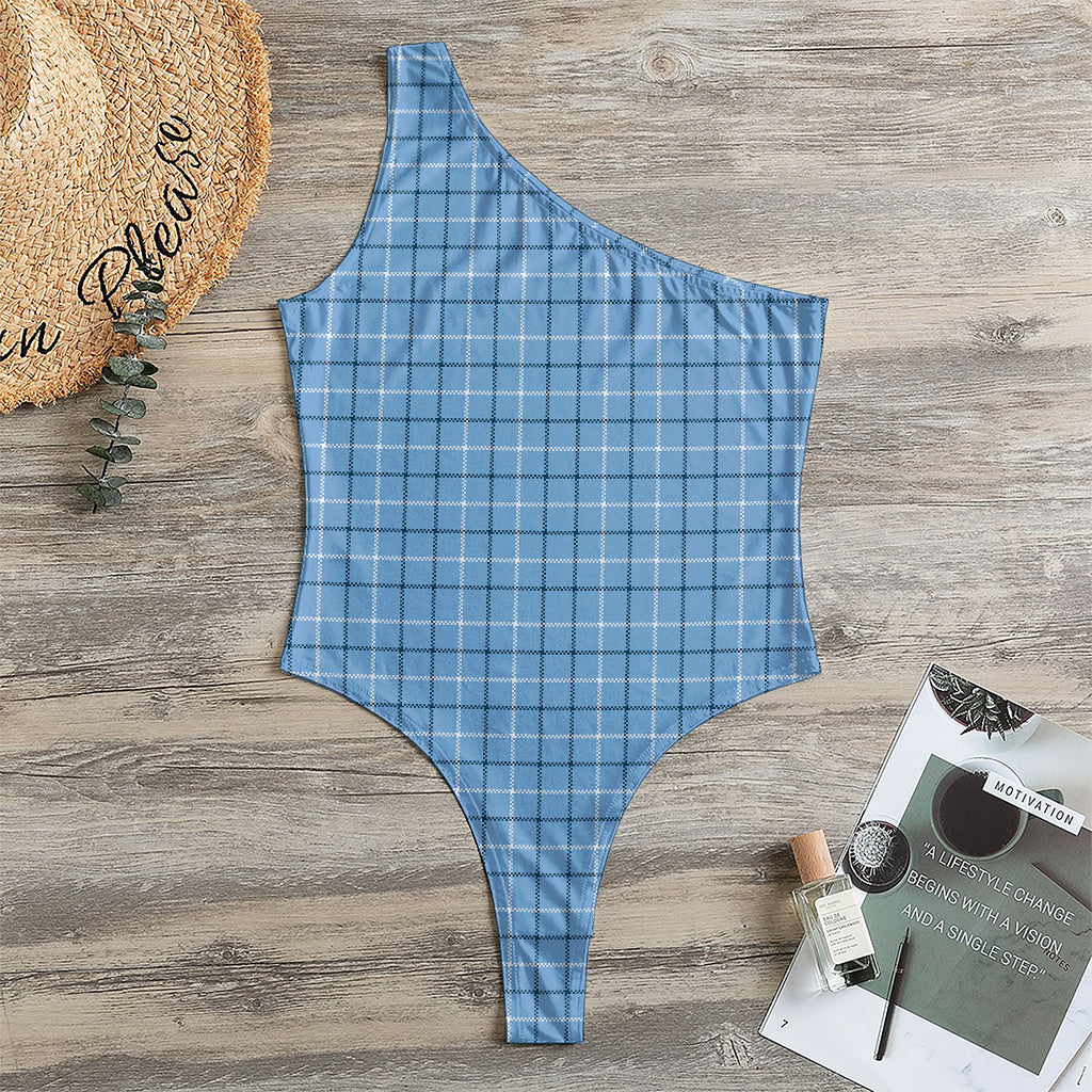 Solf Blue Tattersall Pattern Print One Shoulder Bodysuit