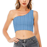 Solf Blue Tattersall Pattern Print One Shoulder Crop Top