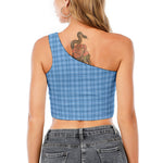 Solf Blue Tattersall Pattern Print One Shoulder Crop Top
