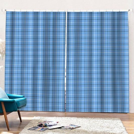 Solf Blue Tattersall Pattern Print Pencil Pleat Curtains