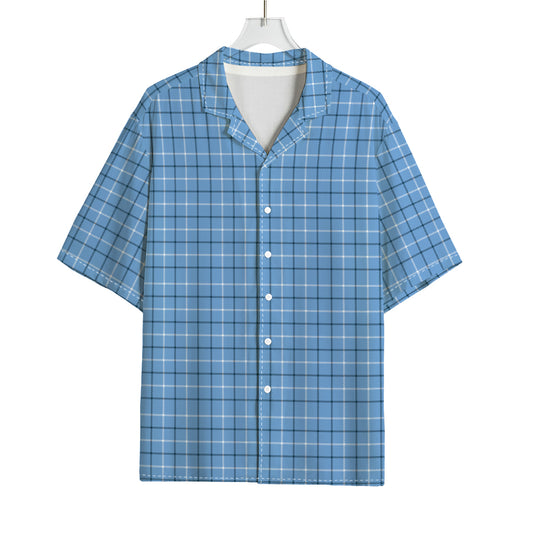 Solf Blue Tattersall Pattern Print Rayon Hawaiian Shirt