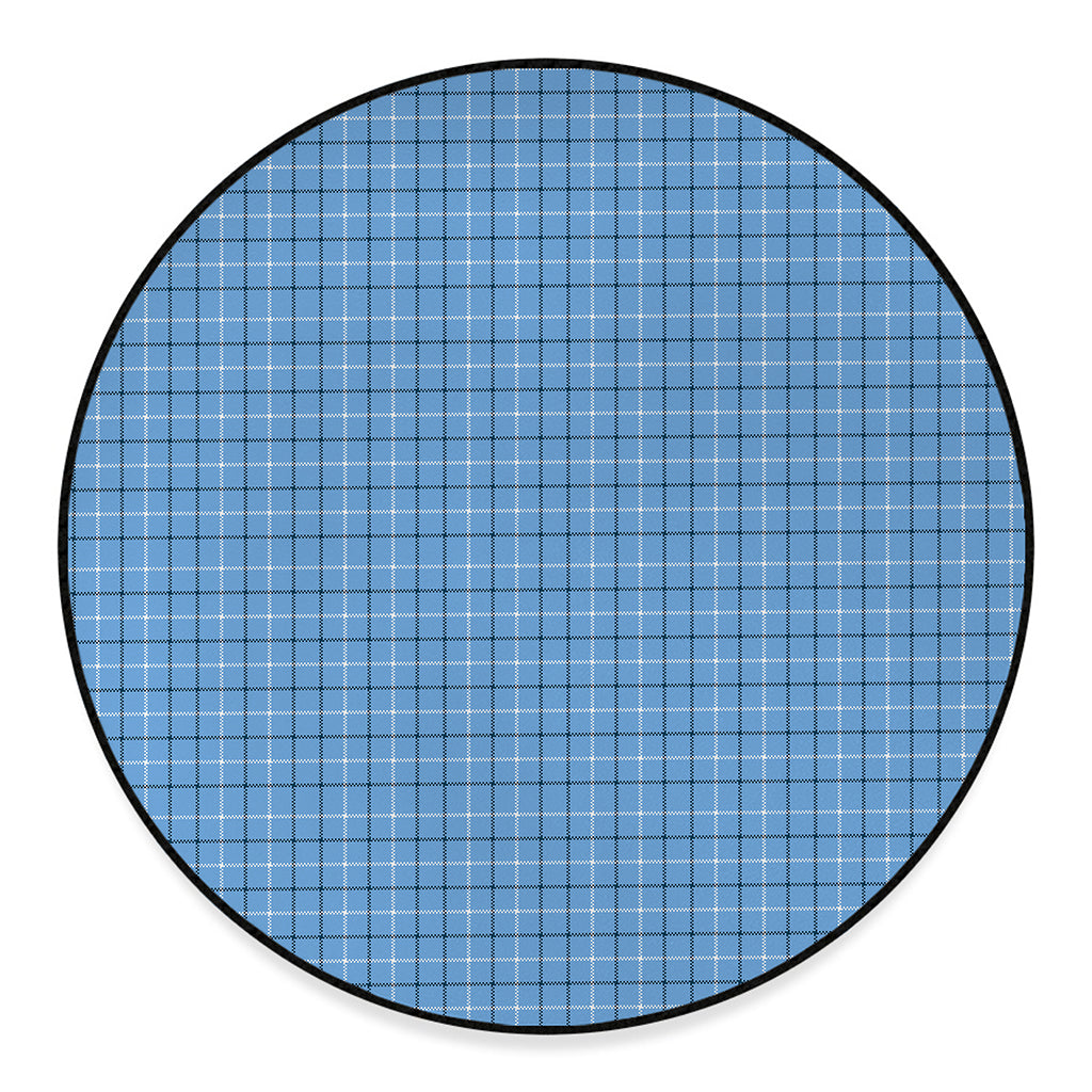 Solf Blue Tattersall Pattern Print Round Floor Mat
