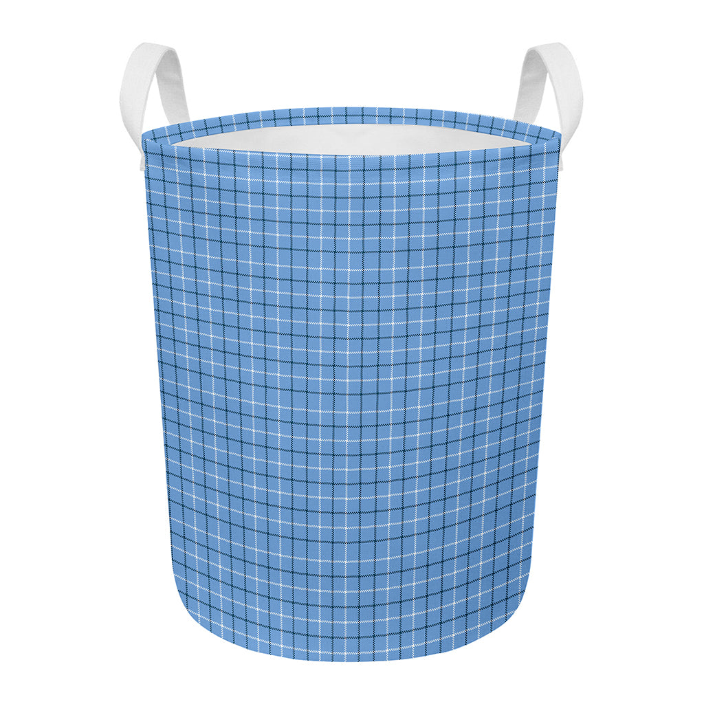 Solf Blue Tattersall Pattern Print Round Laundry Basket