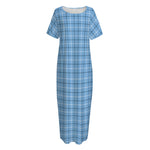 Solf Blue Tattersall Pattern Print Short Sleeve Long Nightdress