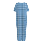 Solf Blue Tattersall Pattern Print Short Sleeve Long Nightdress
