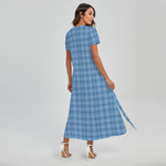 Solf Blue Tattersall Pattern Print Short Sleeve Maxi Dress