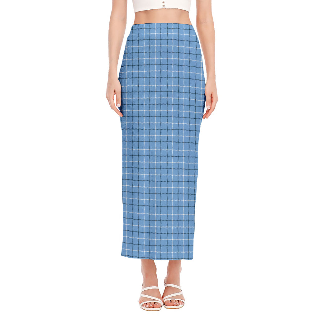 Solf Blue Tattersall Pattern Print Side Slit Maxi Skirt