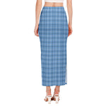 Solf Blue Tattersall Pattern Print Side Slit Maxi Skirt