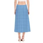 Solf Blue Tattersall Pattern Print Side Slit Midi Skirt
