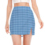 Solf Blue Tattersall Pattern Print Side Slit Mini Skirt