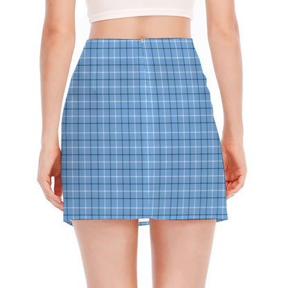 Solf Blue Tattersall Pattern Print Side Slit Mini Skirt