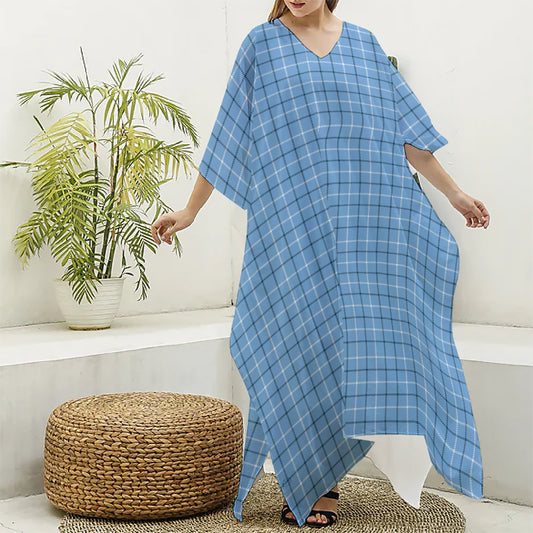 Solf Blue Tattersall Pattern Print Silk V-Neck Kaftan Dress