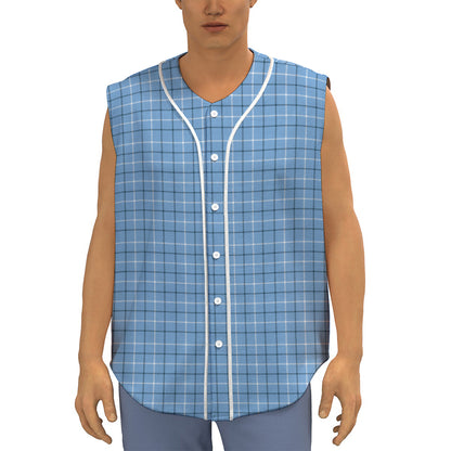 Solf Blue Tattersall Pattern Print Sleeveless Baseball Jersey