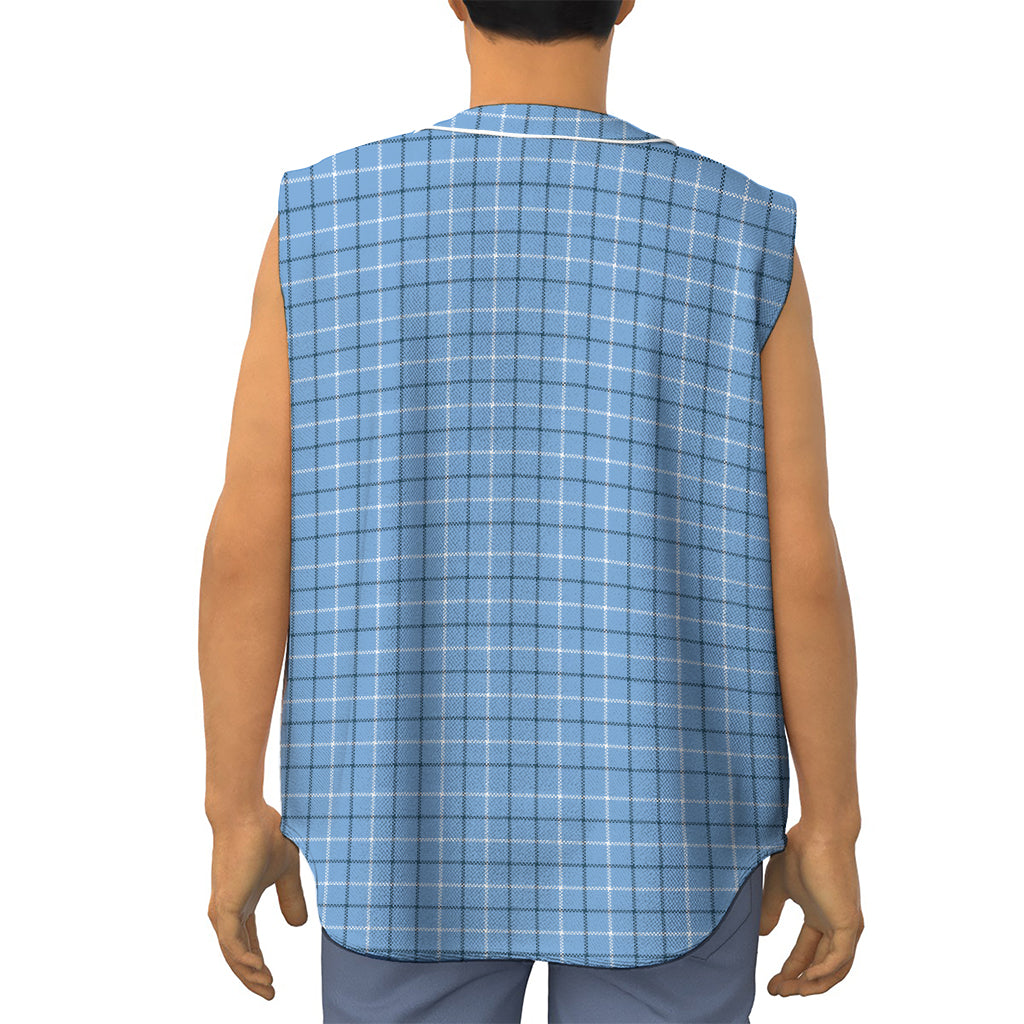Solf Blue Tattersall Pattern Print Sleeveless Baseball Jersey