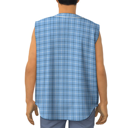 Solf Blue Tattersall Pattern Print Sleeveless Baseball Jersey
