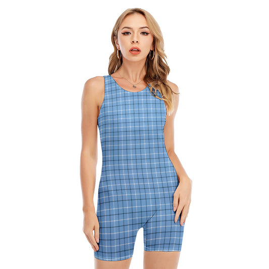 Solf Blue Tattersall Pattern Print Sleeveless One Piece Swimsuit