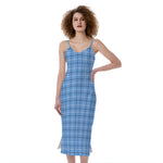Solf Blue Tattersall Pattern Print Slim Fit Midi Cami Dress