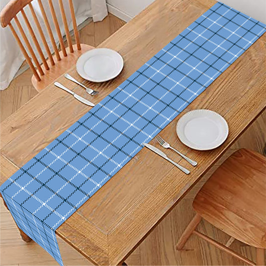 Solf Blue Tattersall Pattern Print Table Runner
