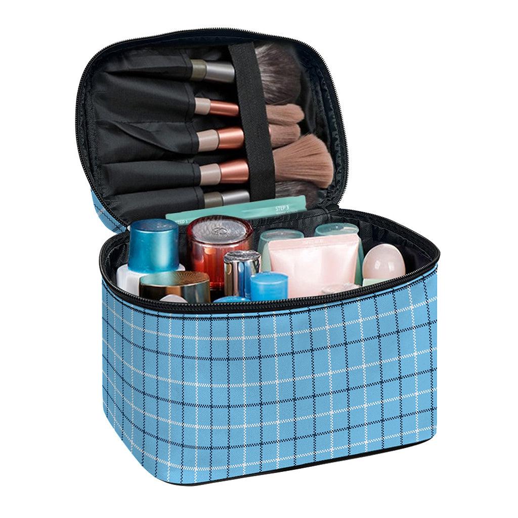 Solf Blue Tattersall Pattern Print Travel Makeup Bag