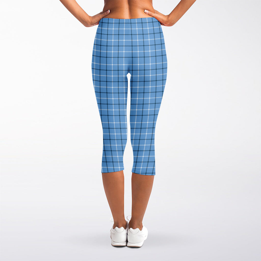Solf Blue Tattersall Pattern Print Women's Capri Leggings