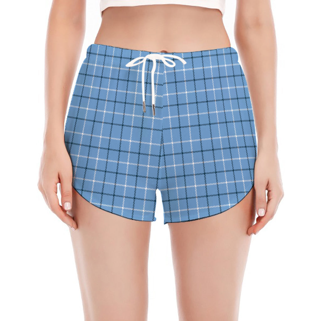 Solf Blue Tattersall Pattern Print Women's Split Running Shorts