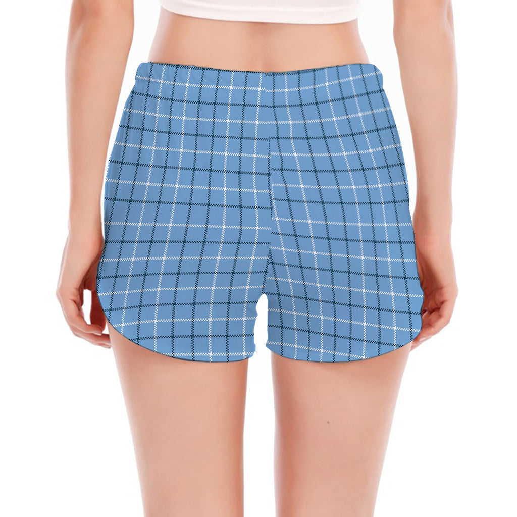 Solf Blue Tattersall Pattern Print Women's Split Running Shorts