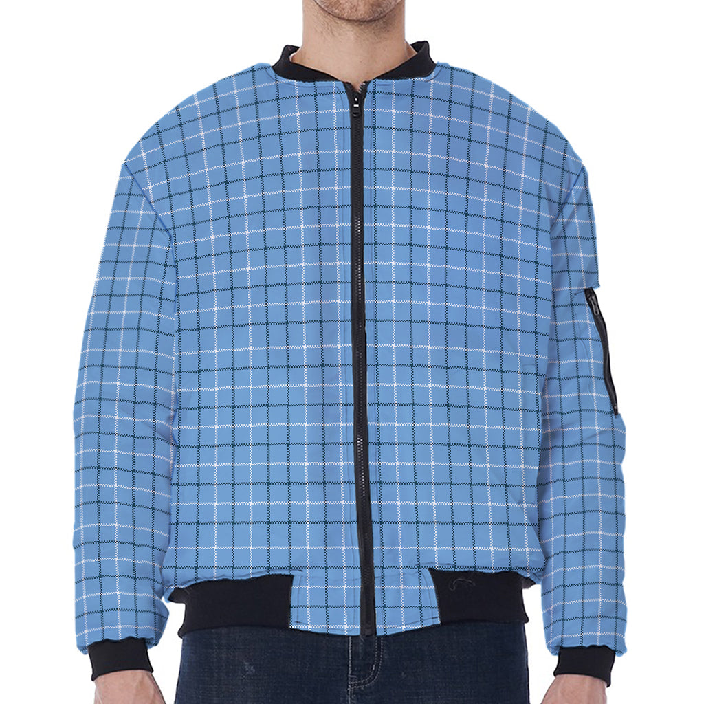 Solf Blue Tattersall Pattern Print Zip Sleeve Bomber Jacket