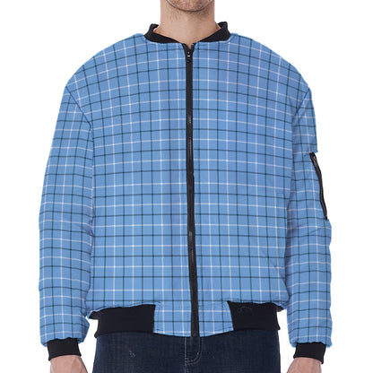 Solf Blue Tattersall Pattern Print Zip Sleeve Bomber Jacket