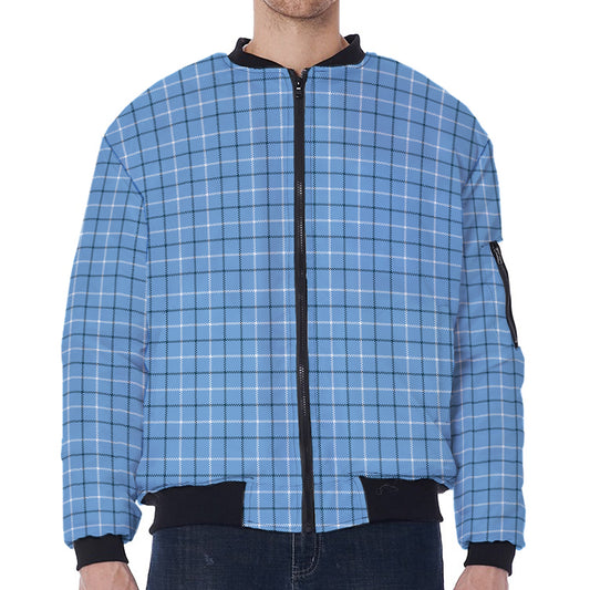 Solf Blue Tattersall Pattern Print Zip Sleeve Bomber Jacket
