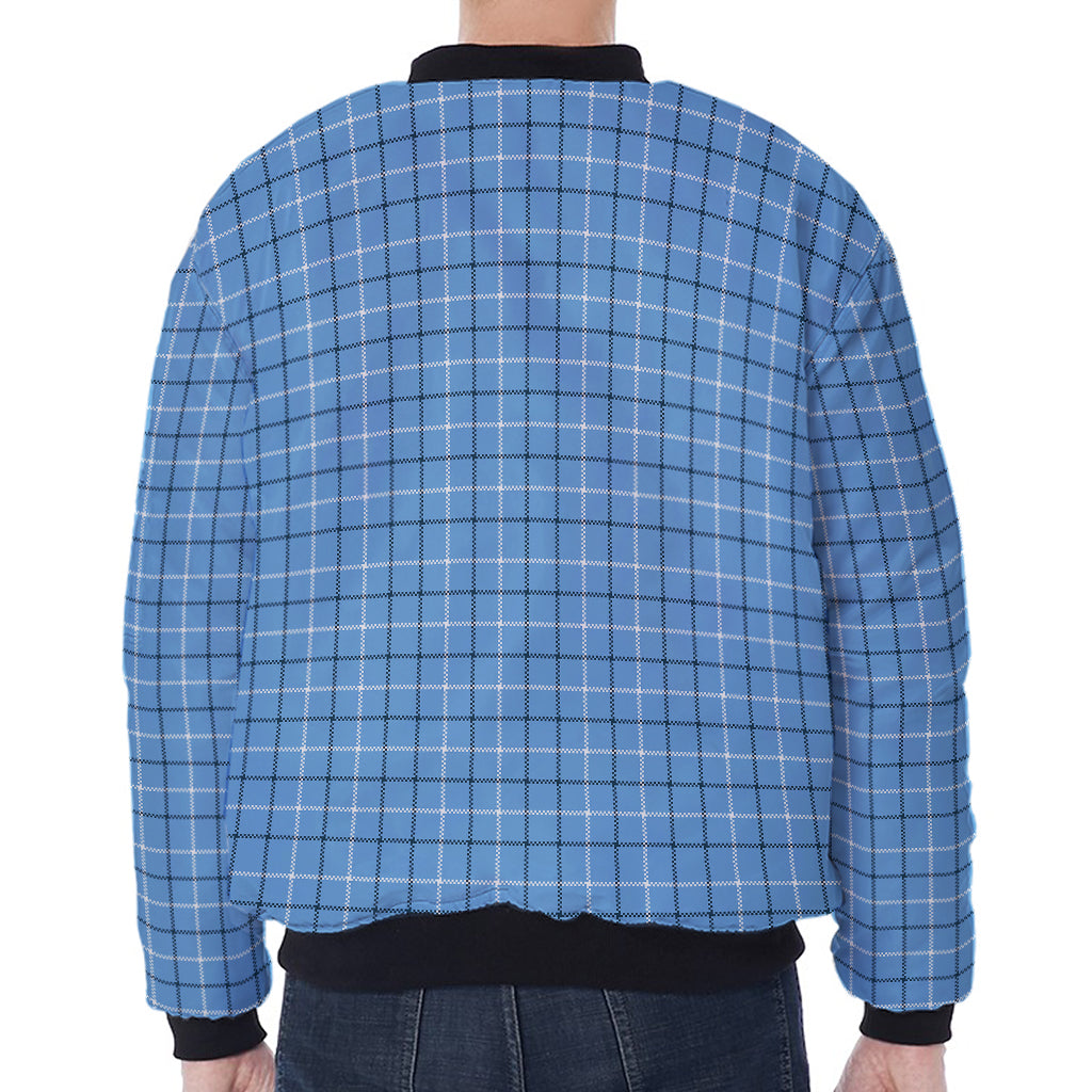 Solf Blue Tattersall Pattern Print Zip Sleeve Bomber Jacket
