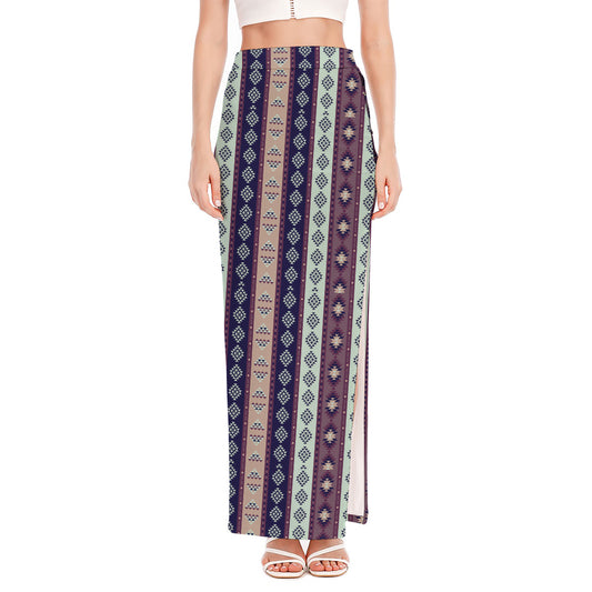 Southwestern Stripe Pattern Print High Slit Maxi Skirt