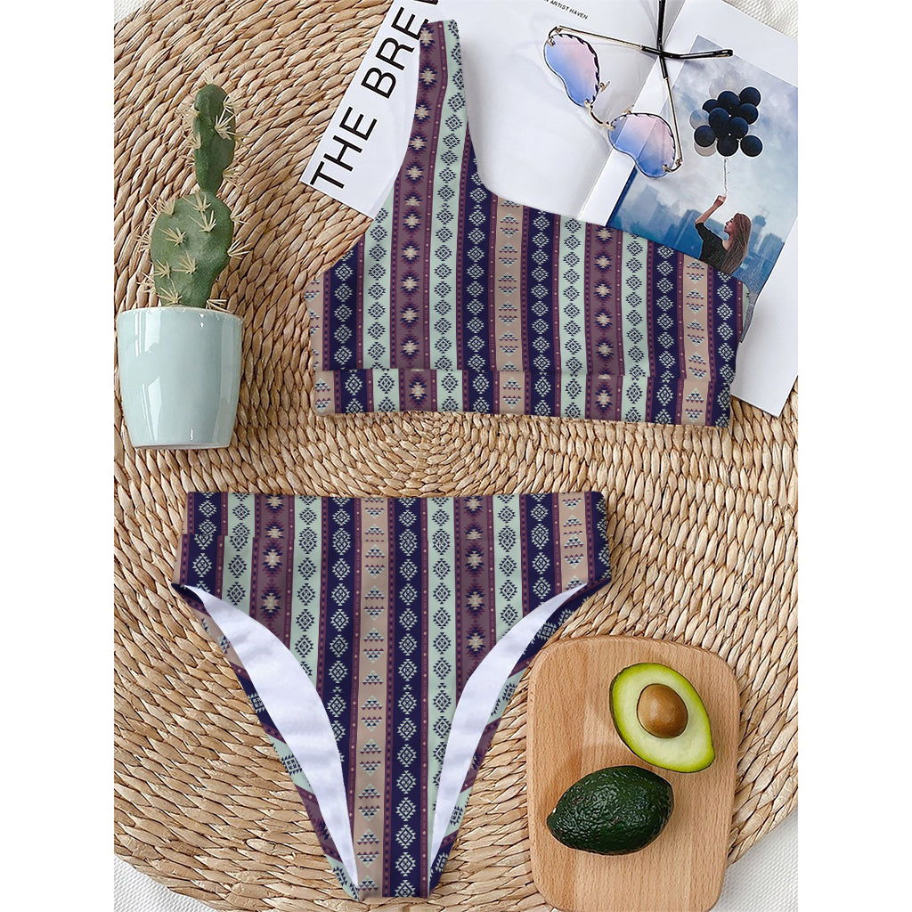 Southwestern Stripe Pattern Print One Shoulder Bikini Top