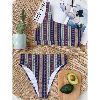 Southwestern Stripe Pattern Print One Shoulder Bikini Top