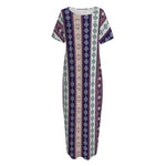 Southwestern Stripe Pattern Print Short Sleeve Long Nightdress