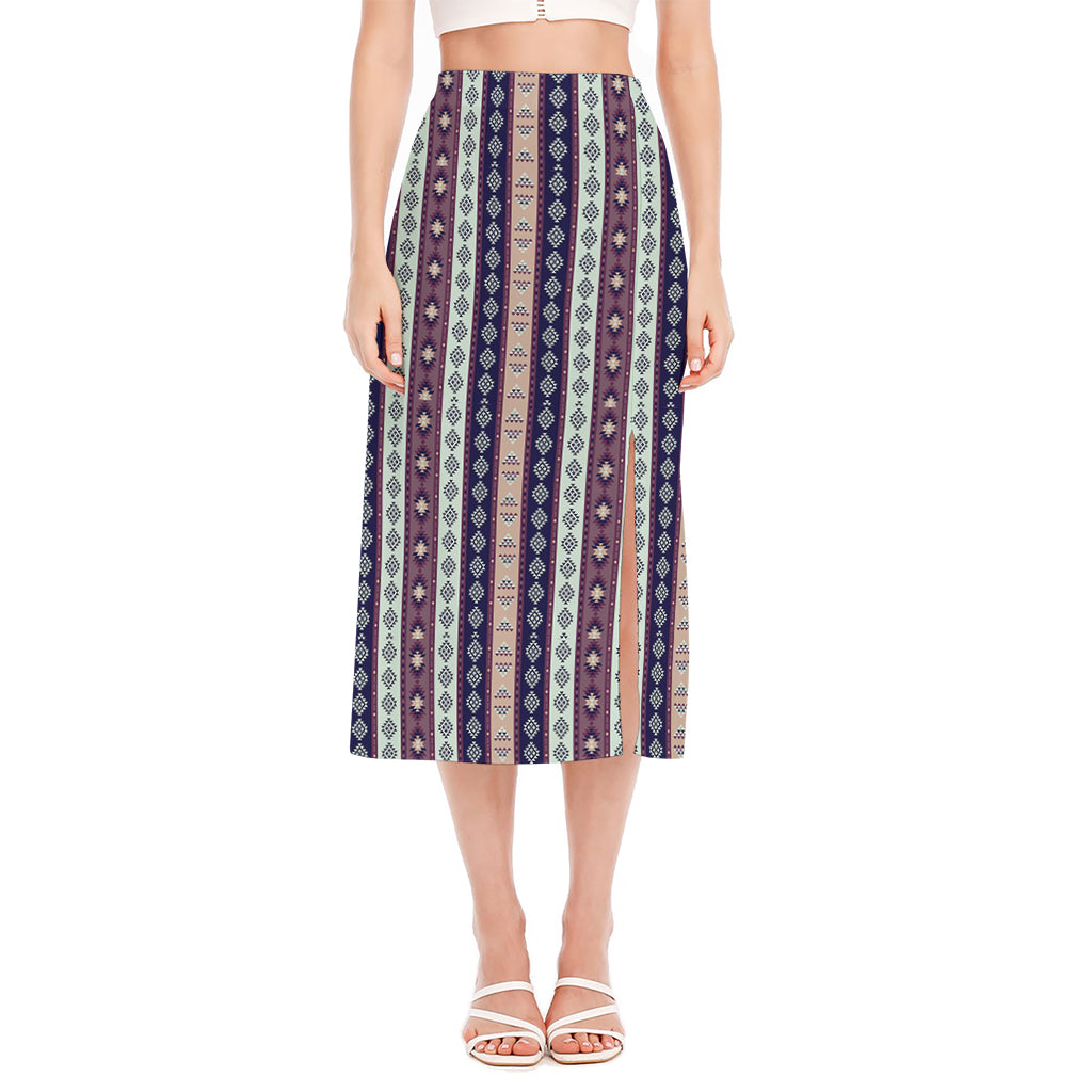 Southwestern Stripe Pattern Print Side Slit Midi Skirt