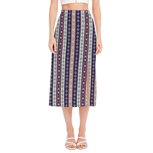 Southwestern Stripe Pattern Print Side Slit Midi Skirt
