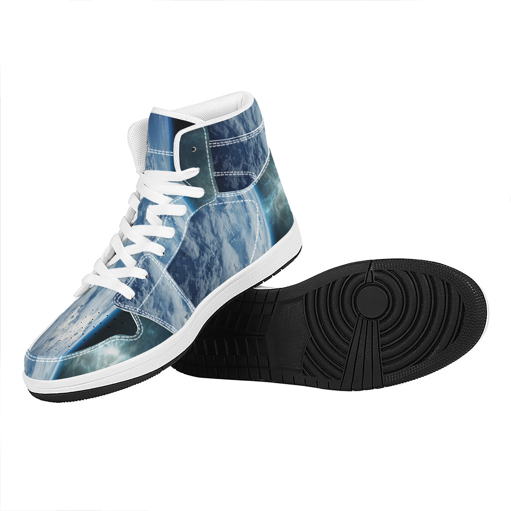 Space And Earth Print High Top Leather Sneakers