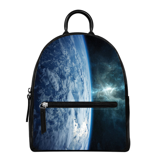 Space And Earth Print Leather Backpack