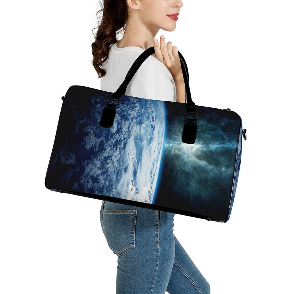 Space And Earth Print Leather Duffle Bag