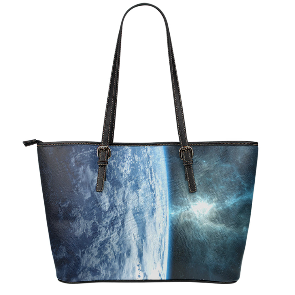 Space And Earth Print Leather Tote Bag