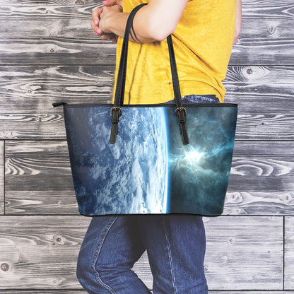 Space And Earth Print Leather Tote Bag